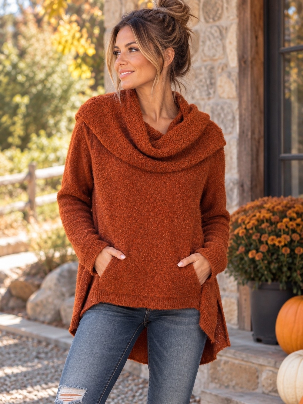 Anthropologie Angel of the North Rust Orange Wool Blend Cowl Neck Sweater S